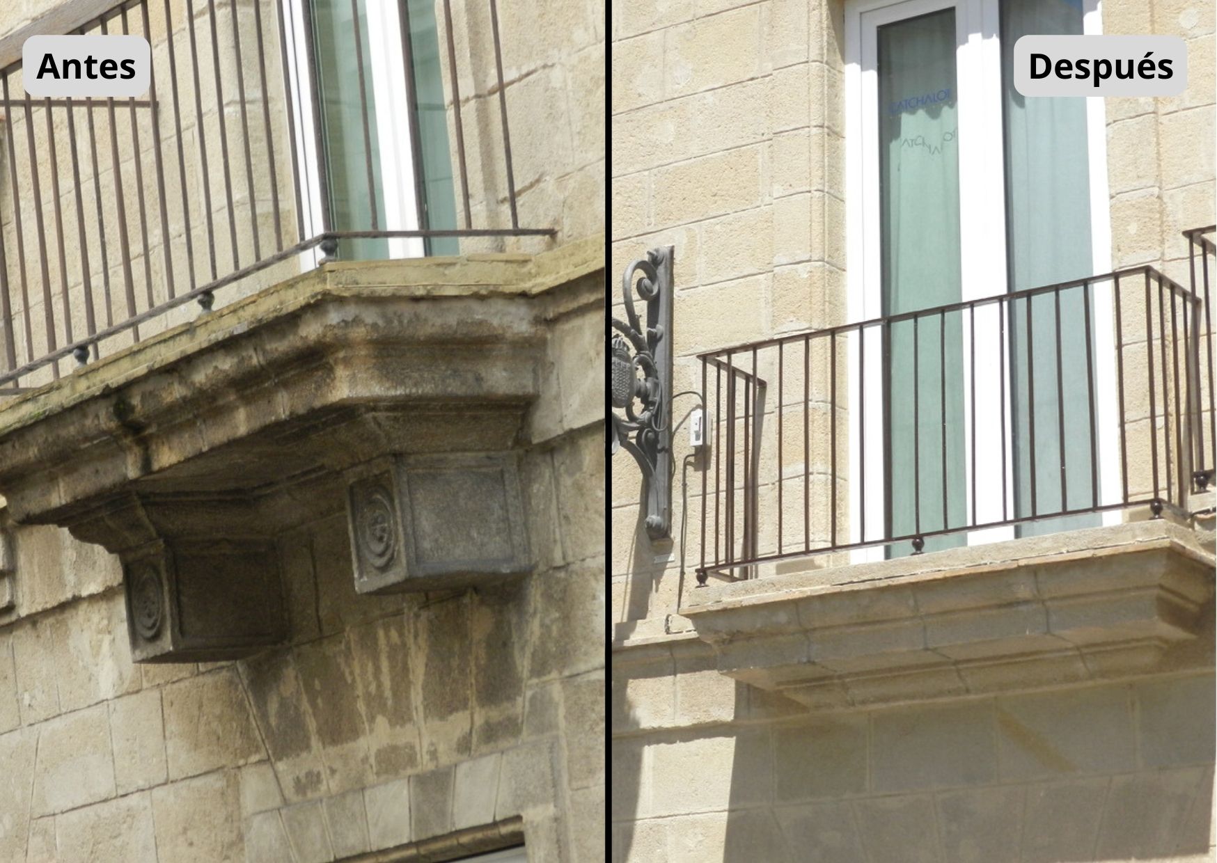 Balcon edificio historico rehabilitado antes y despues